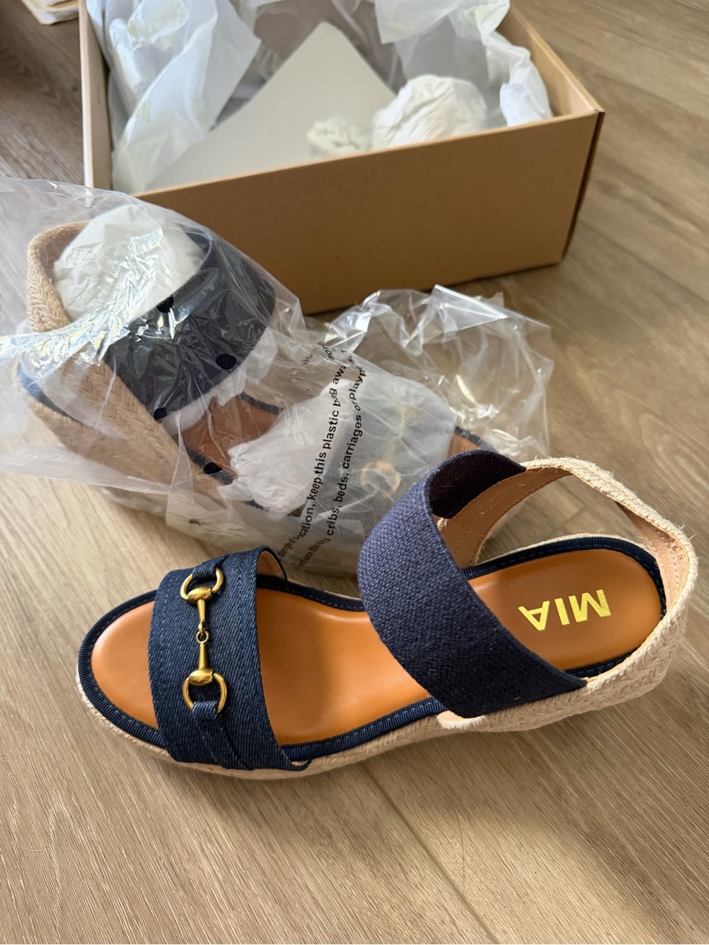 MIA Girls Navy Wedge Sandals with Gold Bit Accent